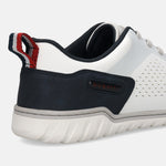 Cropped side view of a white bugatti sneaker with blue accents and a striped heel loop.