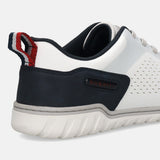 Cropped side view of a white bugatti sneaker with blue accents and a striped heel loop.