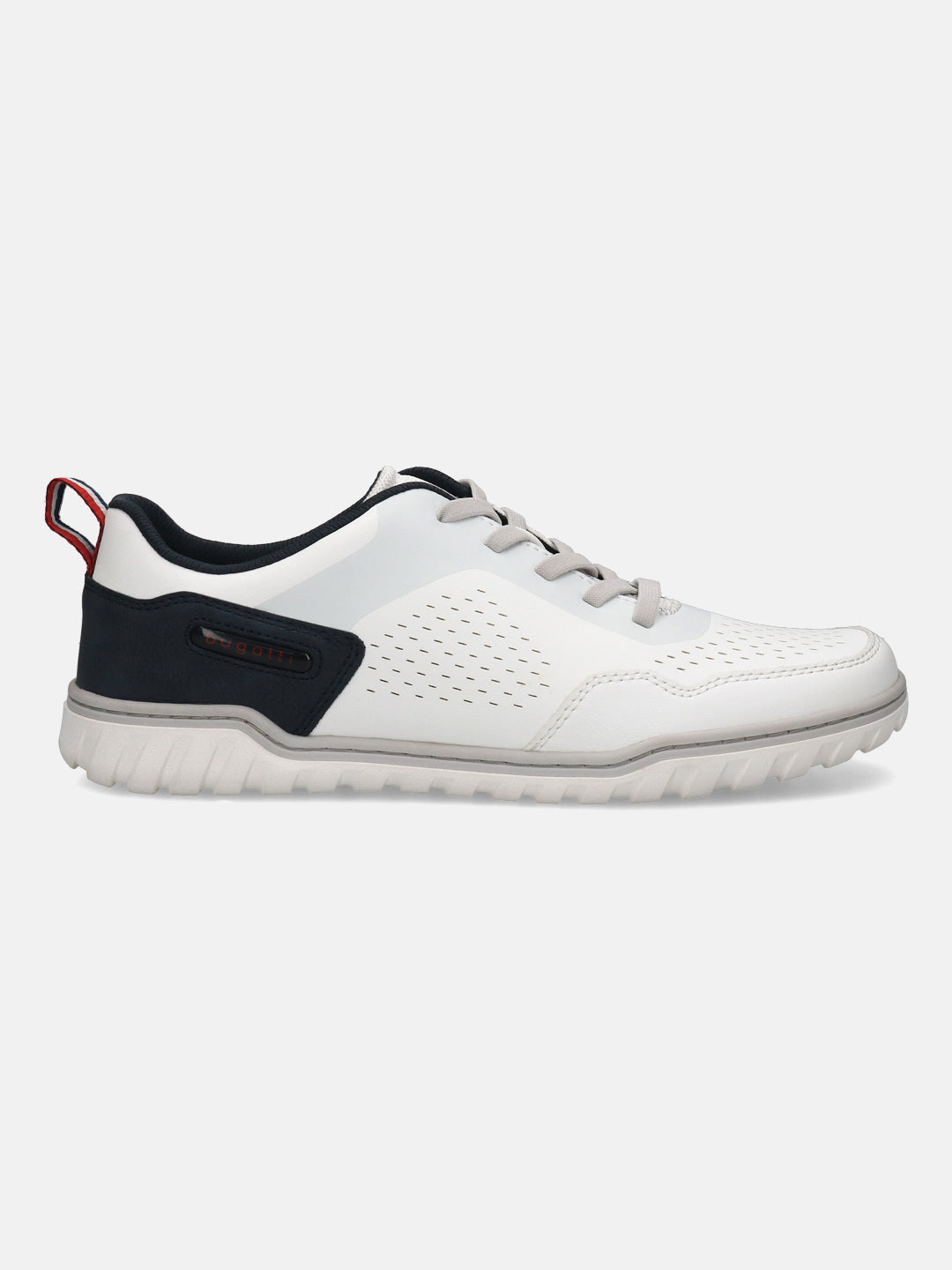 Side view of a bugatti Samana comfort sneaker in white with perforated accents, navy heel, and gray laces.