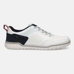 Side view of a bugatti Samana comfort sneaker in white with perforated accents, navy heel, and gray laces.