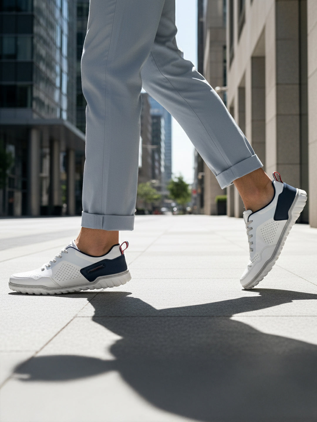 Lifestyle shot of bugatti Samana white leather sneakers with navy and red accents, worn with gray trousers.