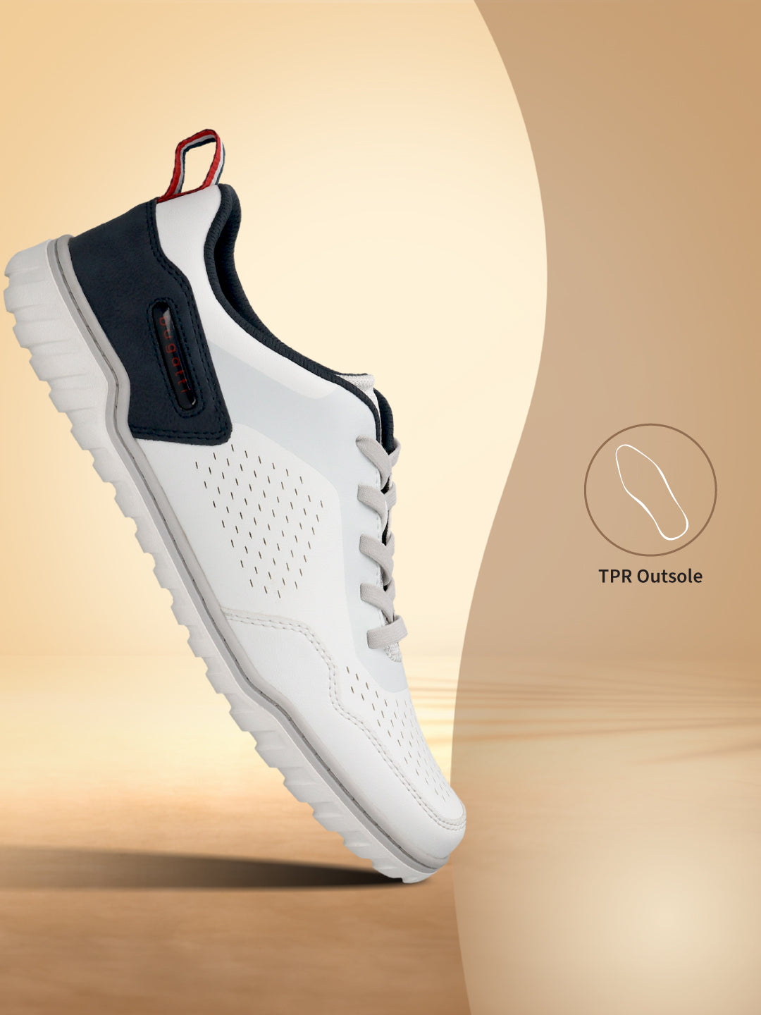Side view of a white bugatti Samana sneaker with perforated leather, navy heel, gray laces, and a ridged sole.
