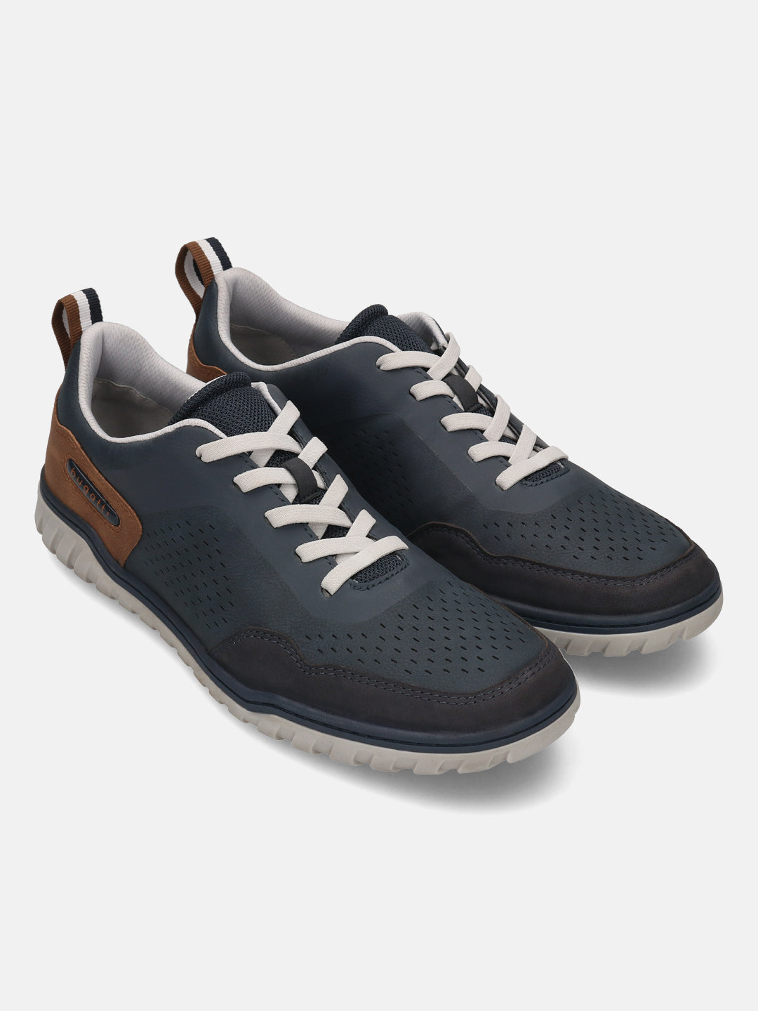 bugatti Samana Comfort Sneakers in dark blue perforated leather with white laces and tan accents.
