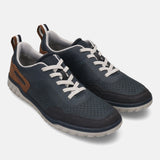 bugatti Samana Comfort Sneakers in dark blue perforated leather with white laces and tan accents.
