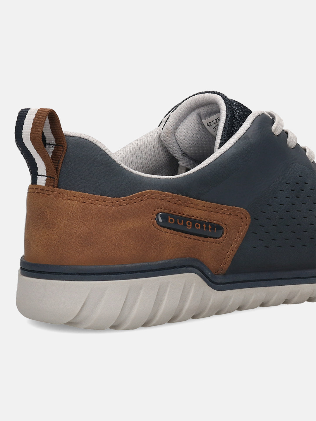Cropped view of a dark blue bugatti Comfort Sneaker with brown leather heel detail and a ridged sole.
