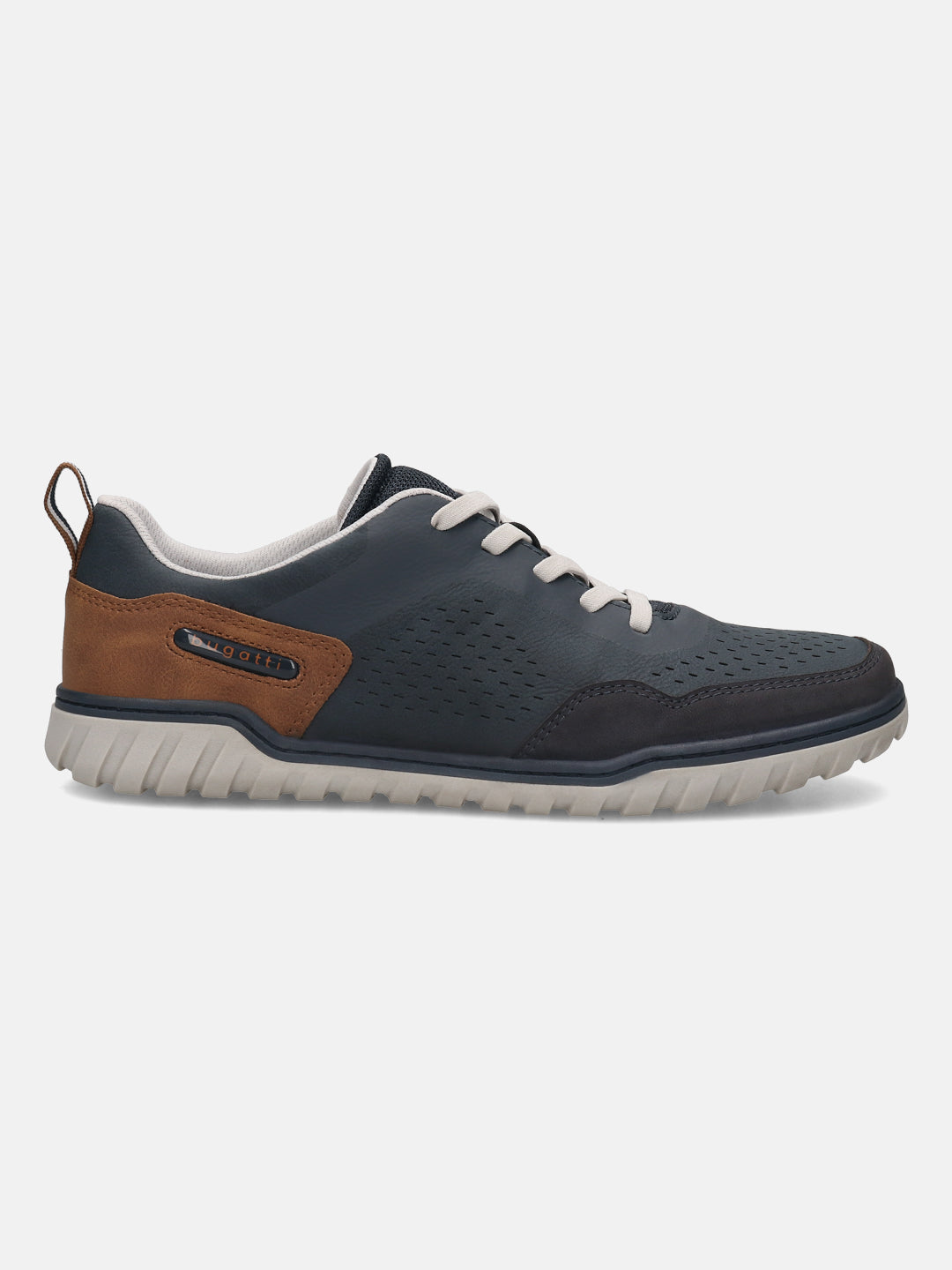 Side view of a bugatti Samana comfort sneaker in dark blue leather with brown accent and light sole.
