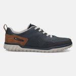 Side view of a bugatti Samana comfort sneaker in dark blue leather with brown accent and light sole.
