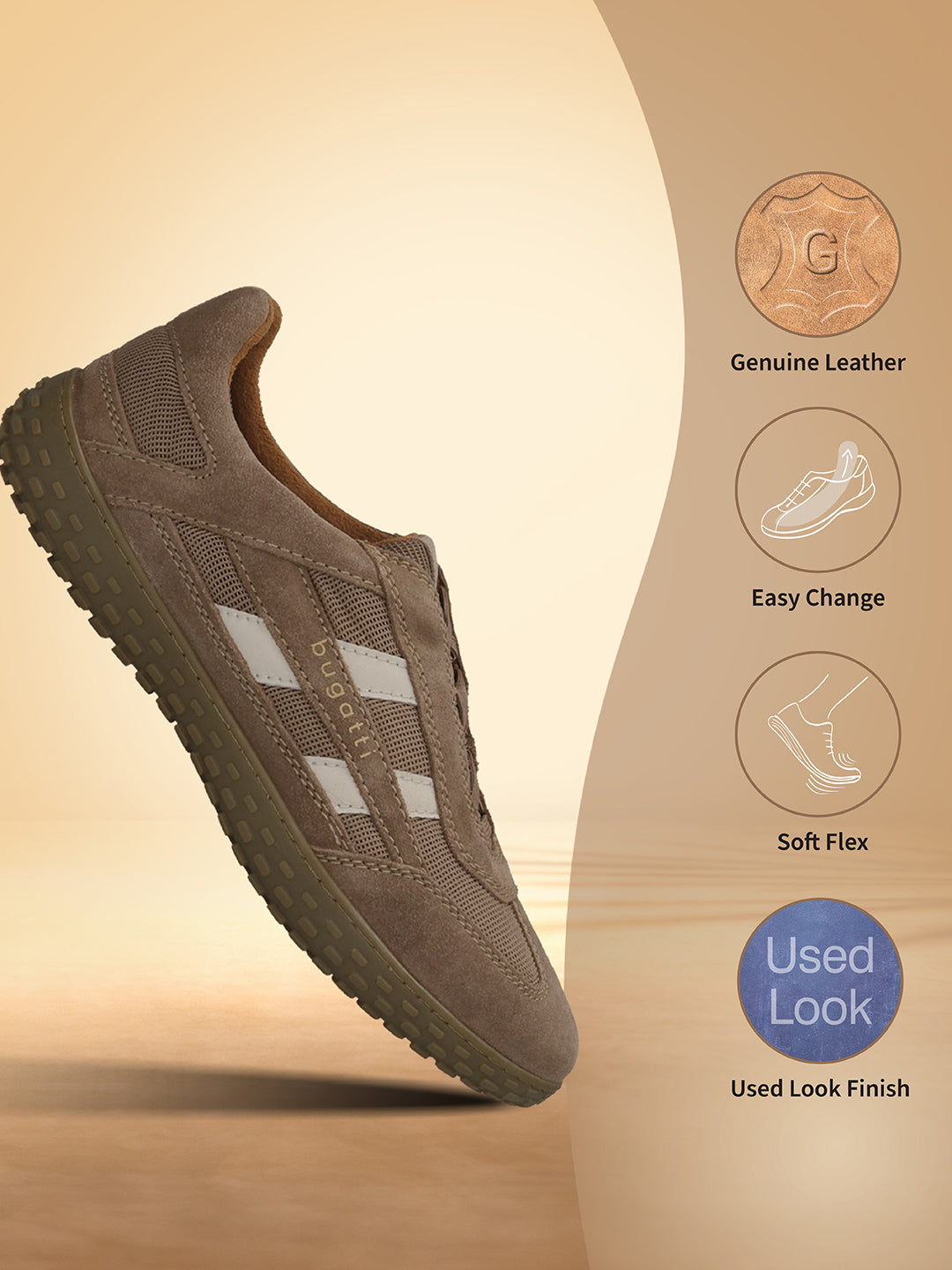 Men's Bugatti lifestyle beige leather shoes with a round toe , a rubber outsole.