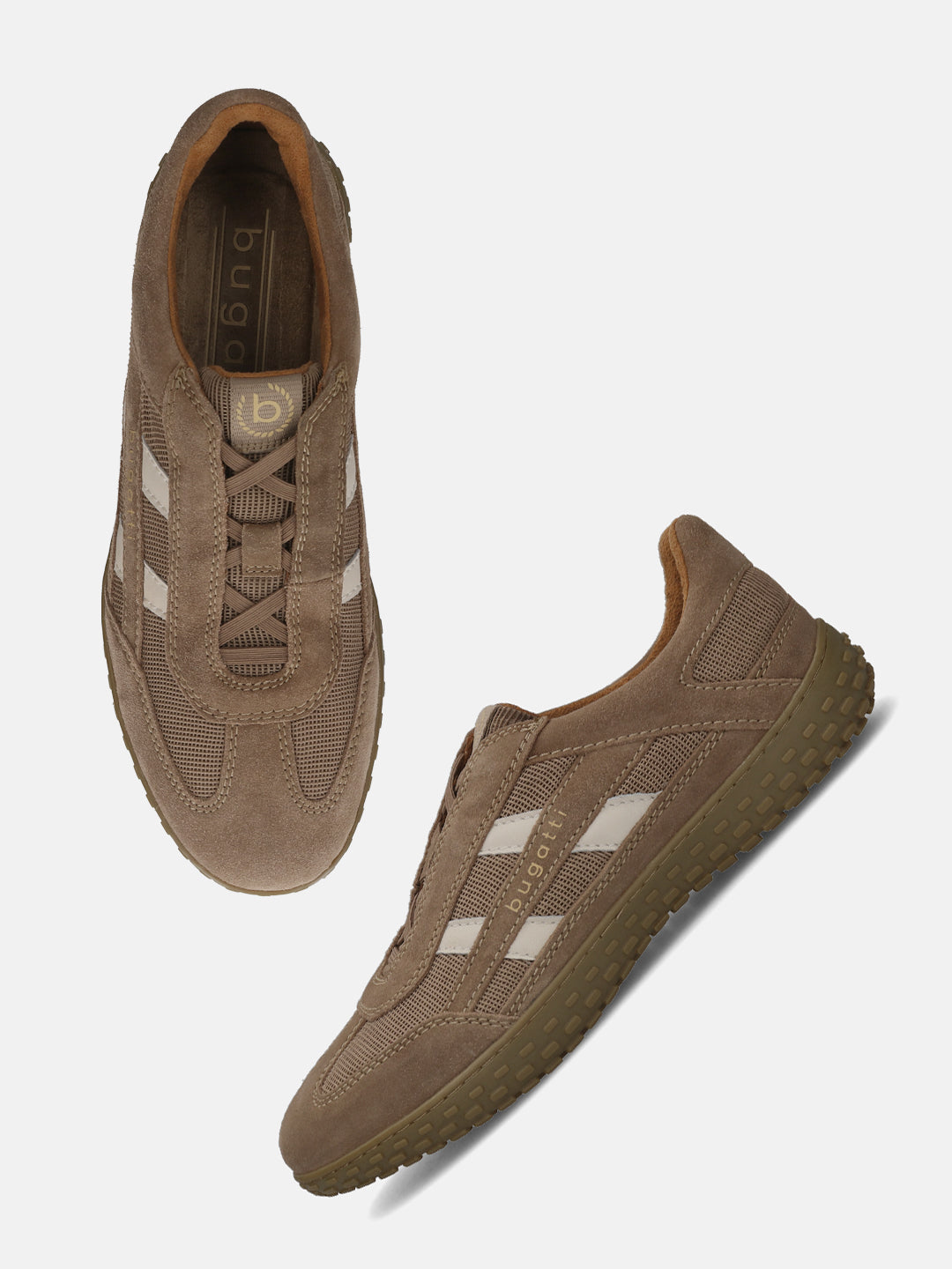 Men's Bugatti lifestyle beige leather shoes with a round toe , a rubber outsole.