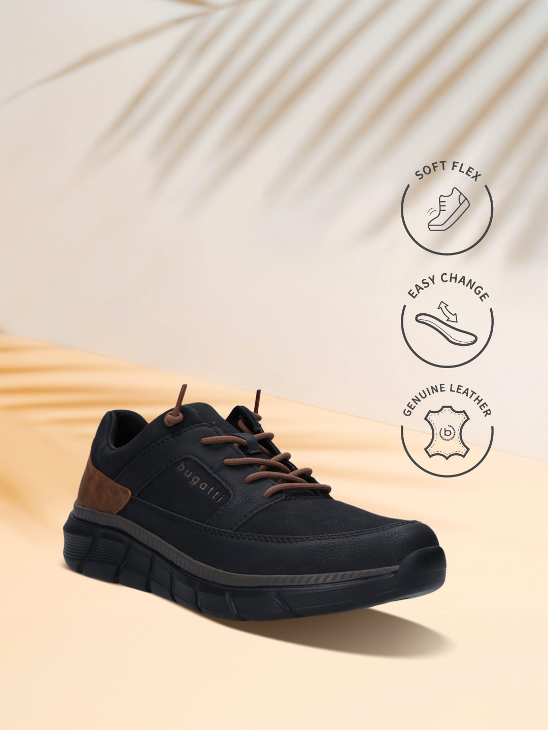 Bugatti Anaheim Black Comfort Sneakers featuring icons for soft flex, easy change, and genuine leather.