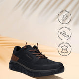Bugatti Anaheim Black Comfort Sneakers featuring icons for soft flex, easy change, and genuine leather.
