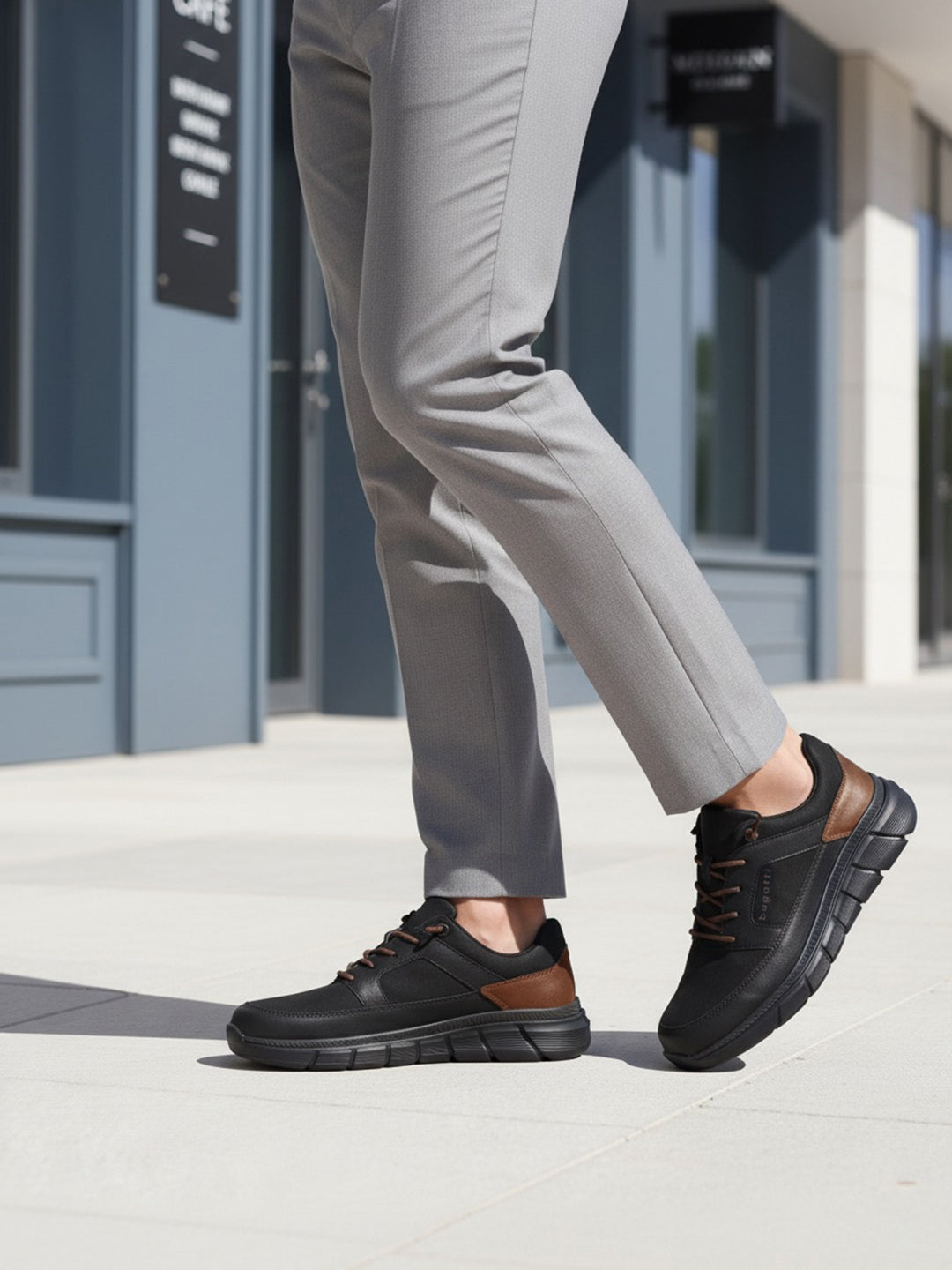 Person wearing Bugatti Anaheim Black Comfort Sneakers on a city street.