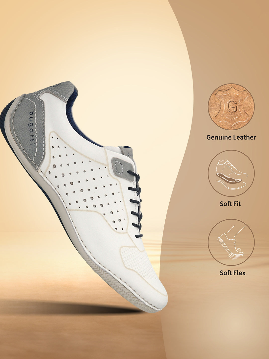 Men's Bugatti stitched white leather shoes with a round toe , a tpr outsole , and laces fastening.