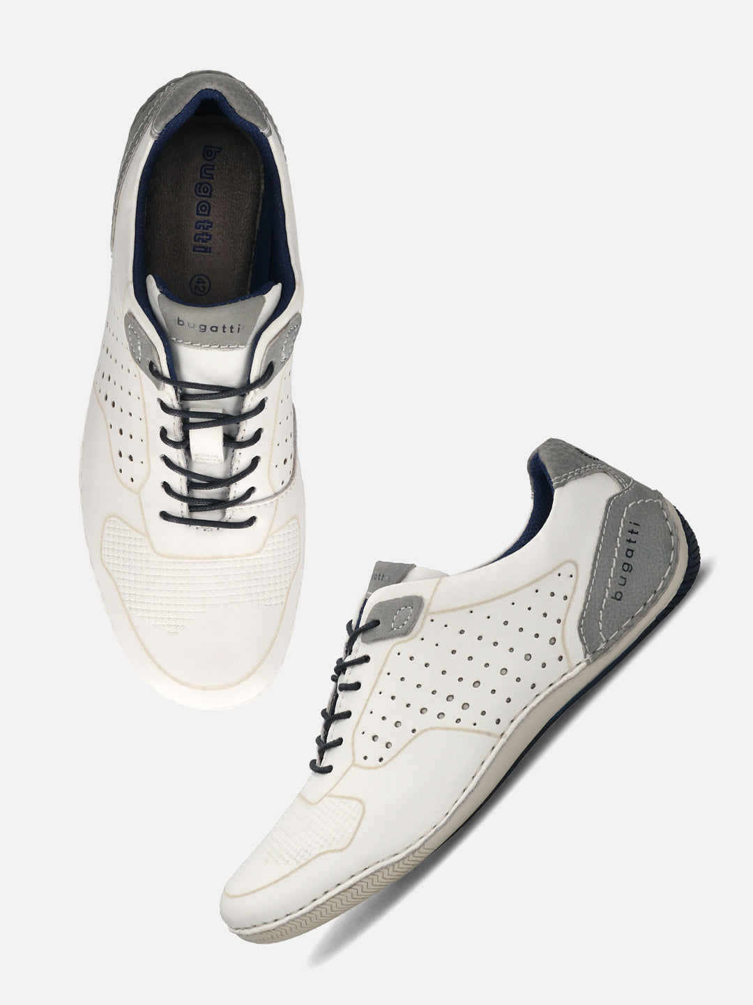 Men's Bugatti stitched white leather shoes with a round toe , a tpr outsole , and laces fastening.