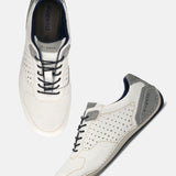 Men's Bugatti stitched white leather shoes with a round toe , a tpr outsole , and laces fastening.