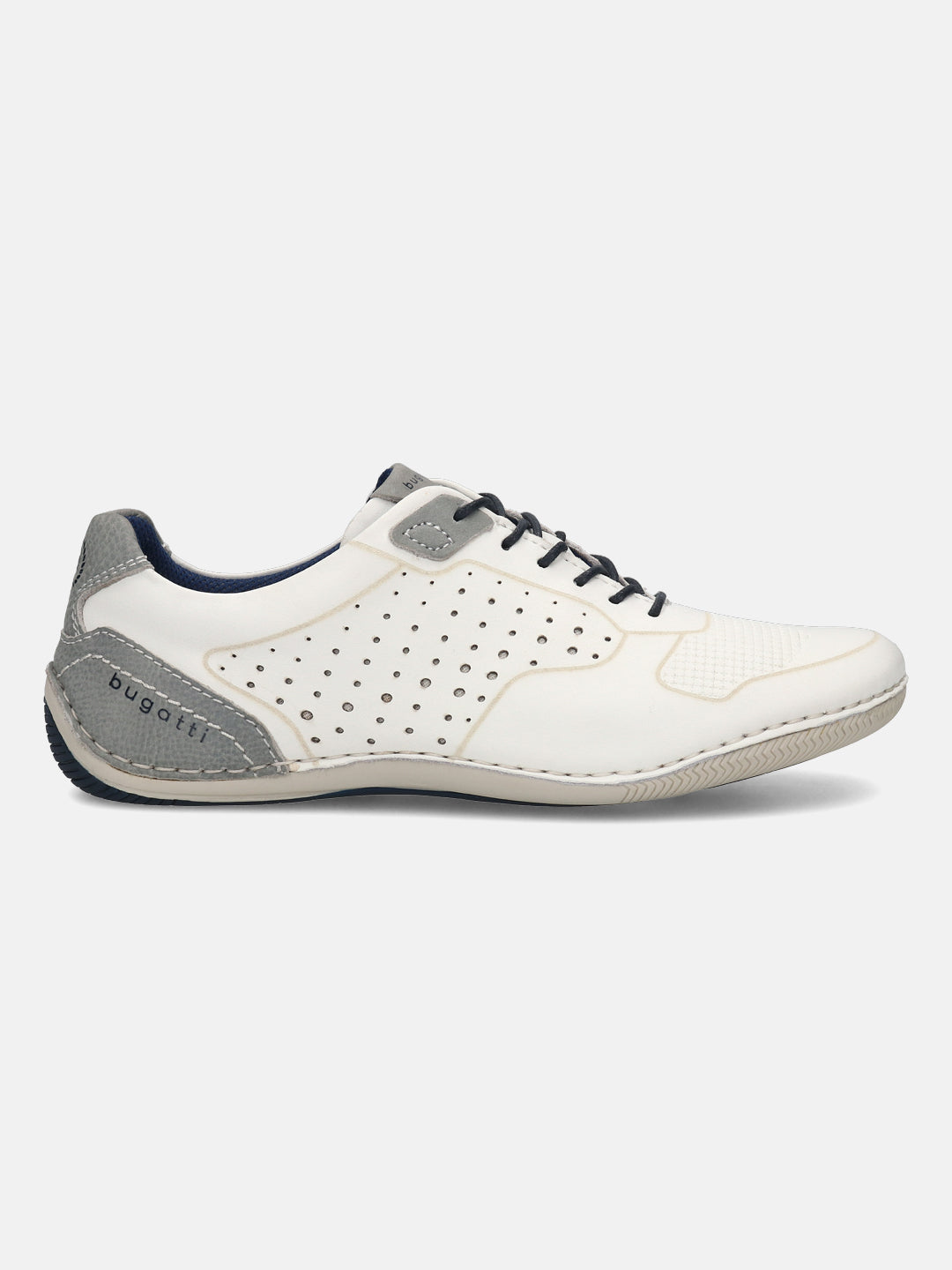 Men's Bugatti stitched white leather shoes with a round toe , a tpr outsole , and laces fastening.