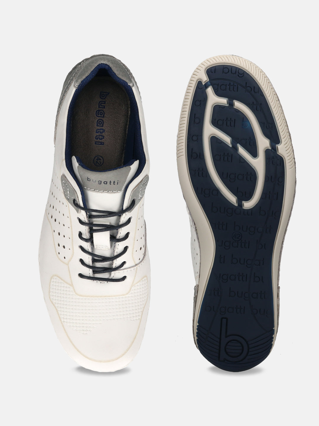 Men's Bugatti stitched white leather shoes with a round toe , a tpr outsole , and laces fastening.