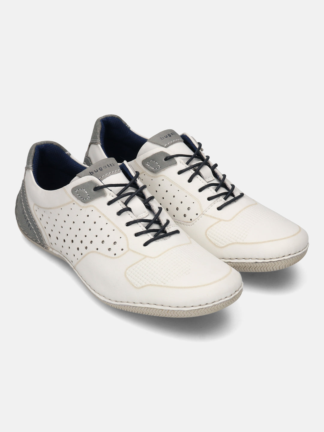 Men's Bugatti stitched white leather shoes with a round toe , a tpr outsole , and laces fastening.
