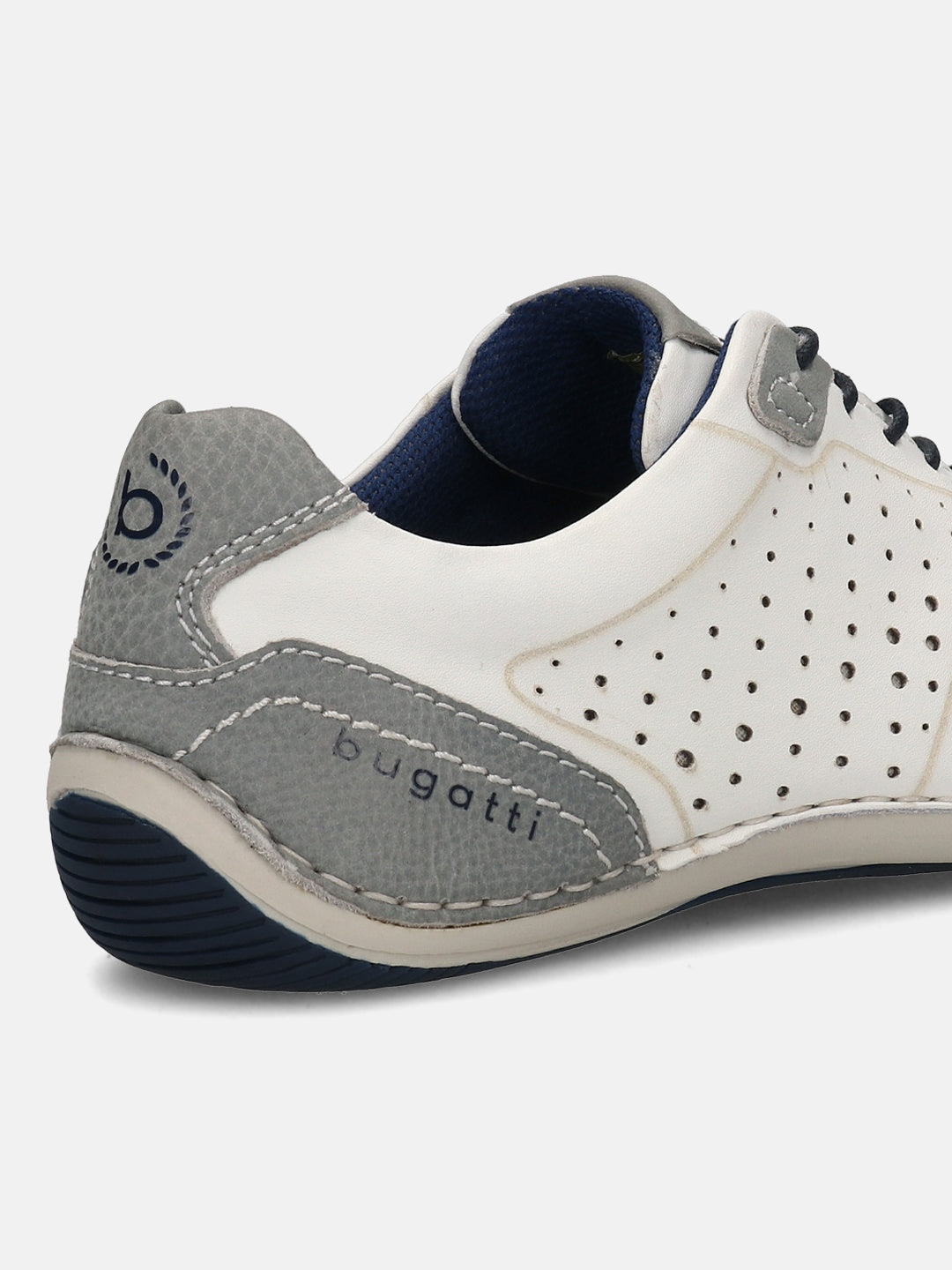 Men's Bugatti stitched white leather shoes with a round toe , a tpr outsole , and laces fastening.