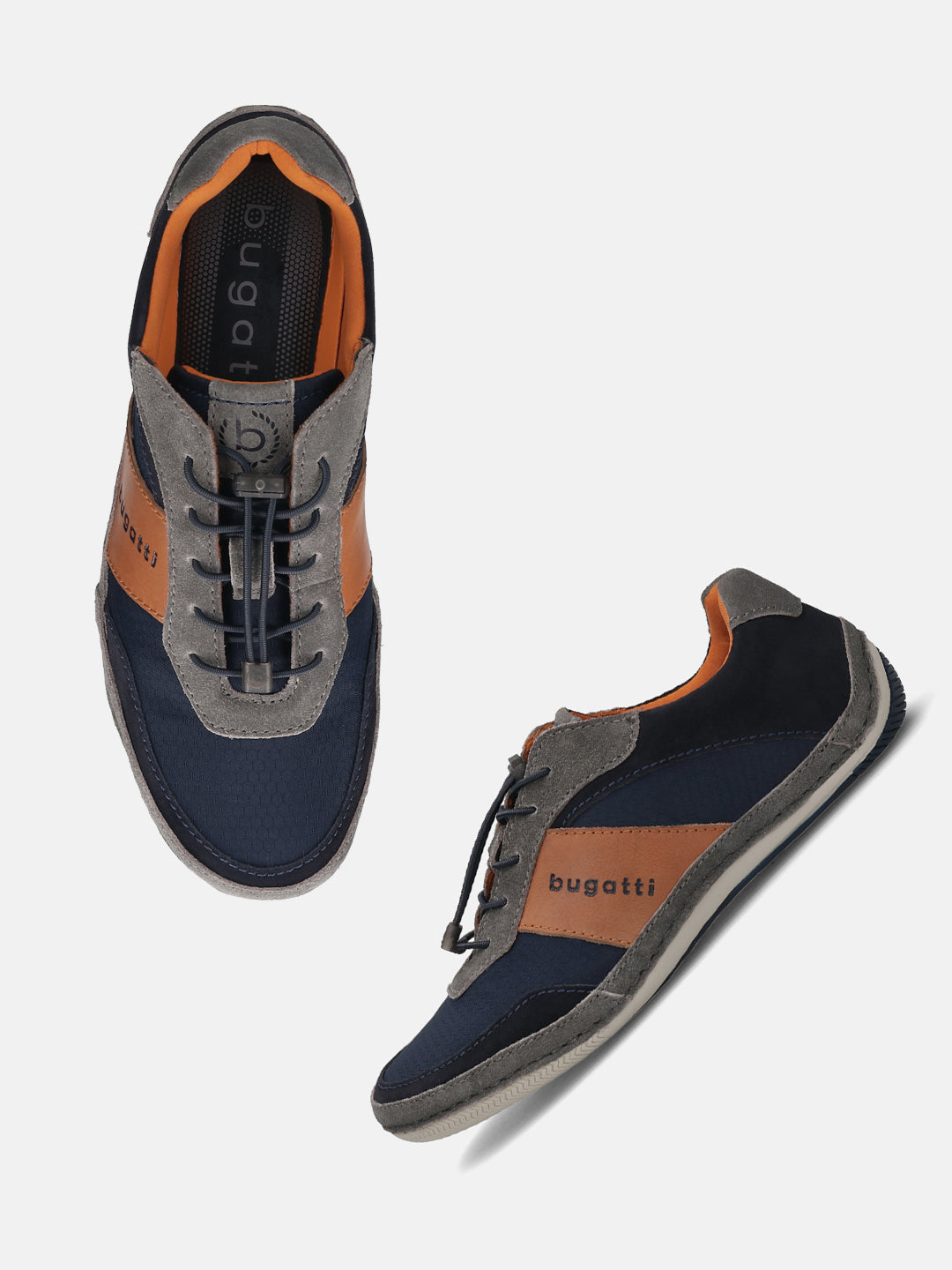 Grey comfort sneakers by bugatti with brown leather accents, textile and suede details, and elasticated laces.