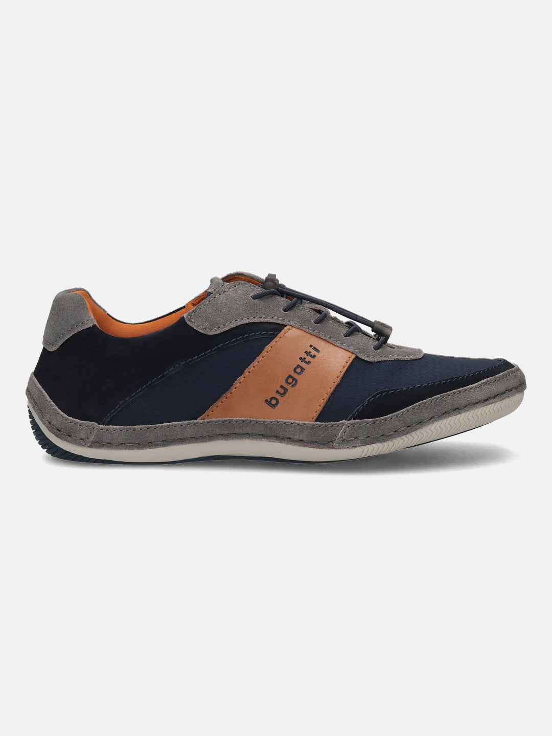 Gray leather sneaker by bugatti with navy and tan accents, featuring a suede heel and padded ankle collar in a side view.
