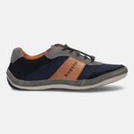 Gray leather sneaker by bugatti with navy and tan accents, featuring a suede heel and padded ankle collar in a side view.
