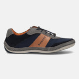 Gray leather sneaker by bugatti with navy and tan accents, featuring a suede heel and padded ankle collar in a side view.
