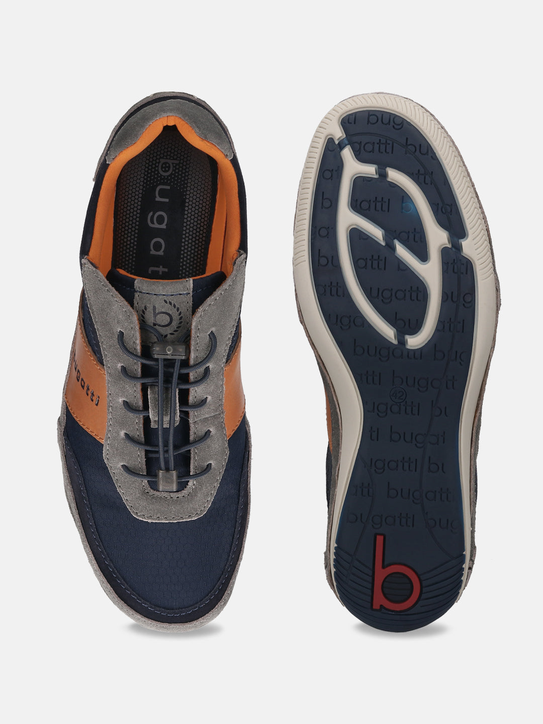 Grey and blue leather sneakers by bugatti, showing a patterned sole with branding.