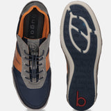 Grey and blue leather sneakers by bugatti, showing a patterned sole with branding.