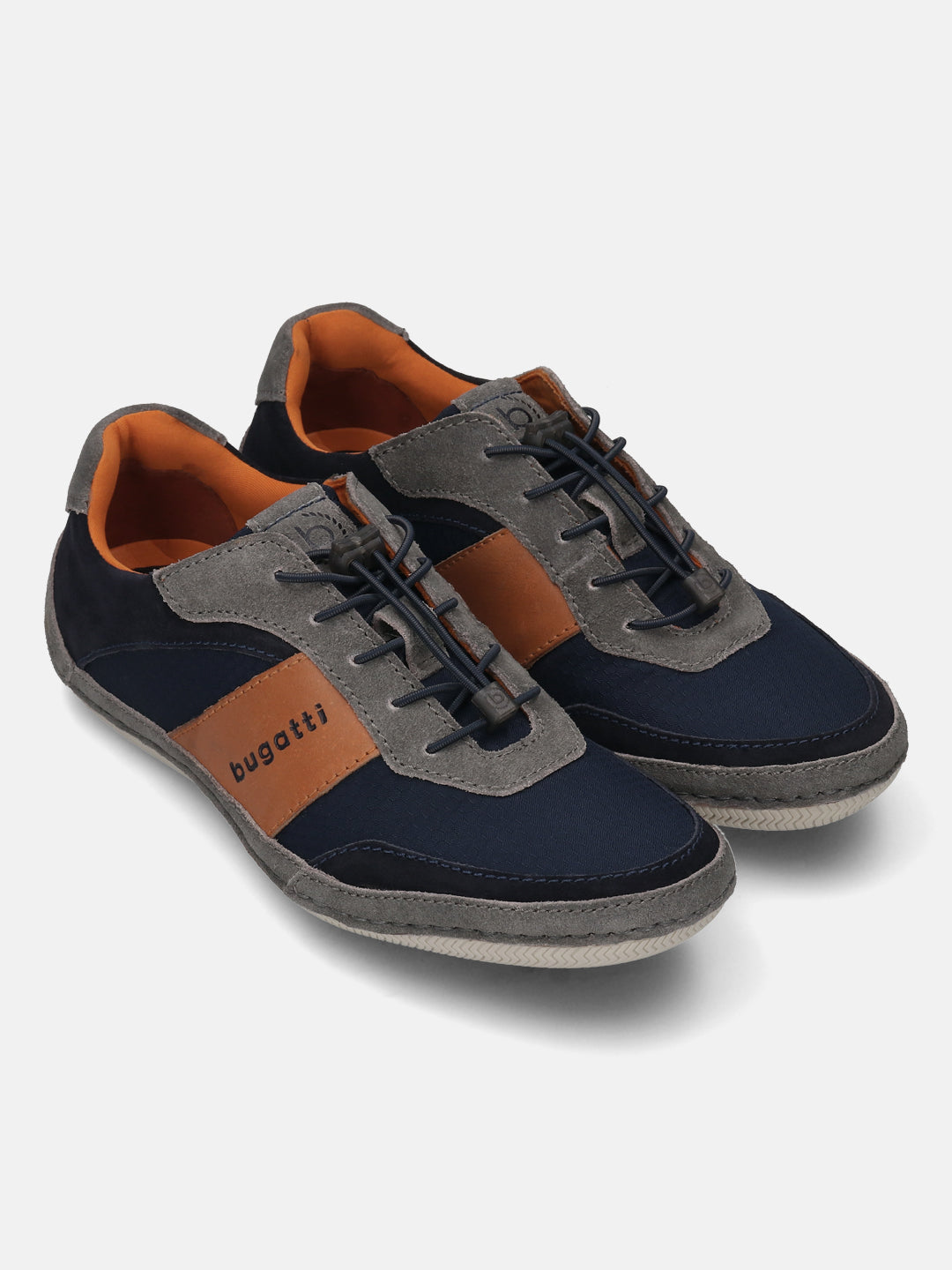 Grey premium leather comfort sneakers by bugatti, with navy and brown accents, and elastic laces.
