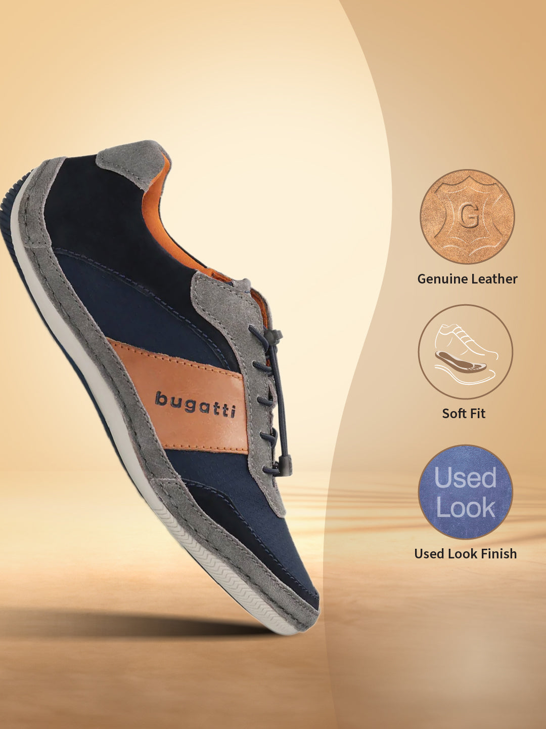 Casual navy and gray sneaker by bugatti, with orange accents and a tan leather band, in a studio shot.
