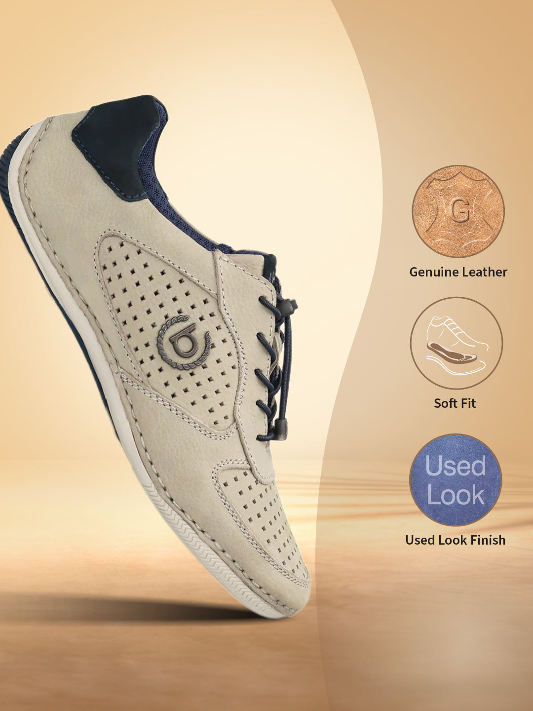 A grey Men's bugatti Sneakers featuring a round toe plain toe, zero heels heel. Made from premium genuine leather with a durable sebs (block copolymer) outsole, this elastic design offers both style and comfort.
