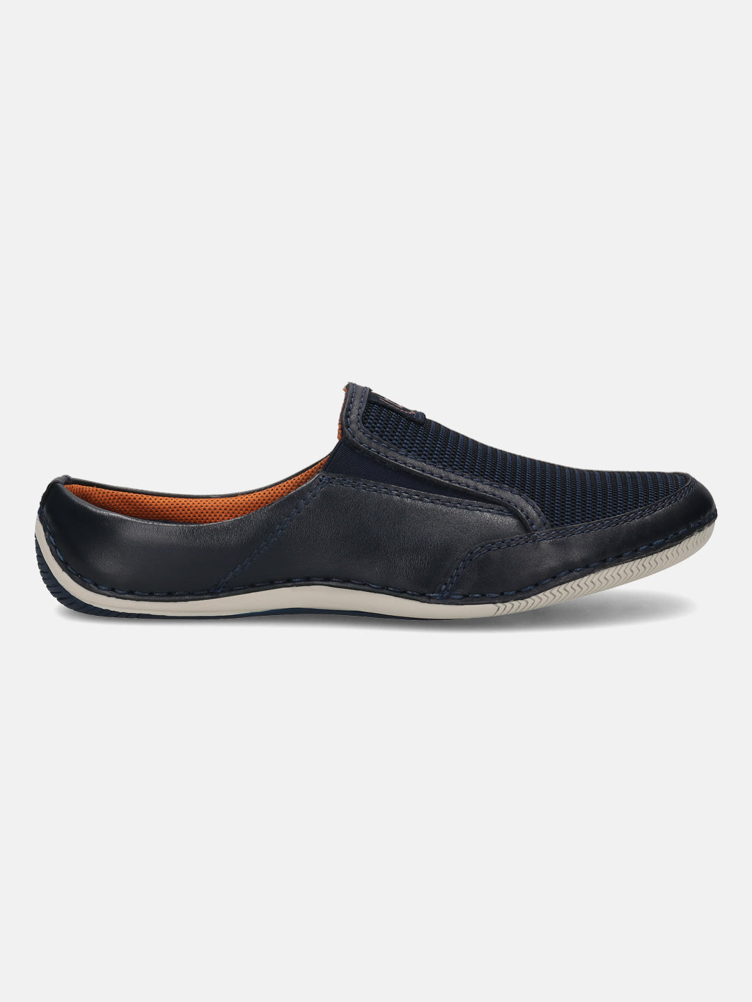 A blue Men's bugatti Mules featuring a round toe plain toe, zero heels heel. Made from premium genuine leather with a durable sebs (block copolymer) outsole, this slip-on design offers both style and comfort.