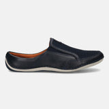 A blue Men's bugatti Mules featuring a round toe plain toe, zero heels heel. Made from premium genuine leather with a durable sebs (block copolymer) outsole, this slip-on design offers both style and comfort.