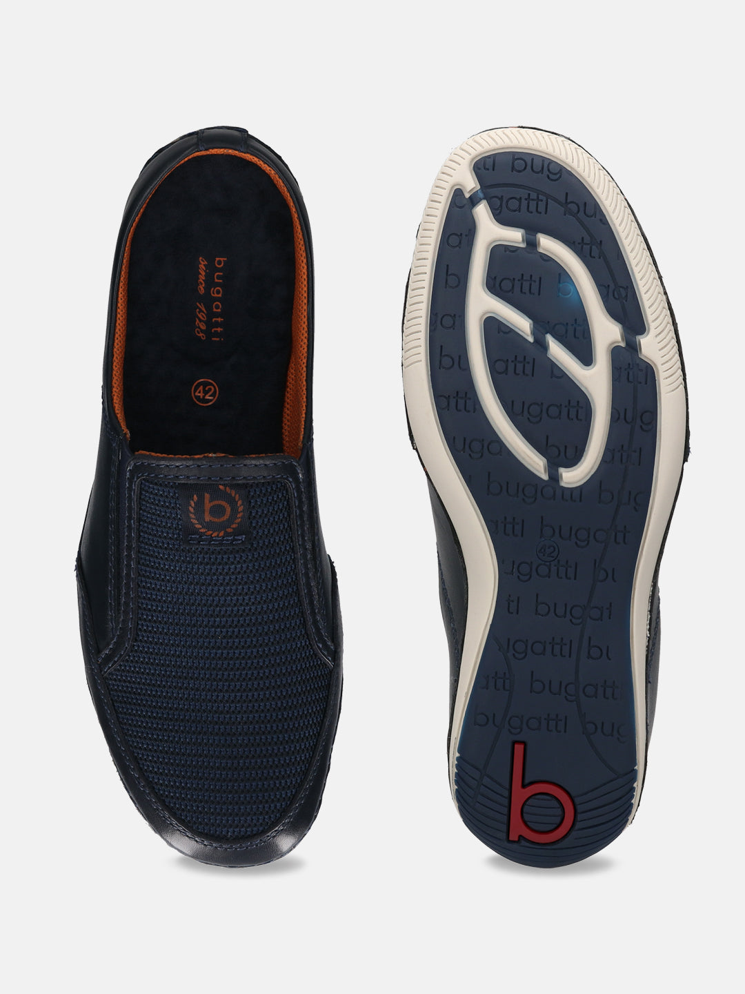 A blue Men's bugatti Mules featuring a round toe plain toe, zero heels heel. Made from premium genuine leather with a durable sebs (block copolymer) outsole, this slip-on design offers both style and comfort.