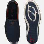A blue Men's bugatti Mules featuring a round toe plain toe, zero heels heel. Made from premium genuine leather with a durable sebs (block copolymer) outsole, this slip-on design offers both style and comfort.