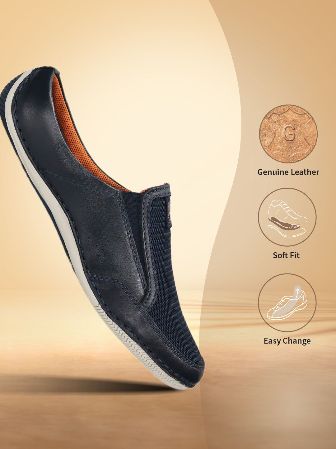 A blue Men's bugatti Mules featuring a round toe plain toe, zero heels heel. Made from premium genuine leather with a durable sebs (block copolymer) outsole, this slip-on design offers both style and comfort.