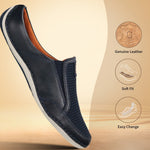 A blue Men's bugatti Mules featuring a round toe plain toe, zero heels heel. Made from premium genuine leather with a durable sebs (block copolymer) outsole, this slip-on design offers both style and comfort.