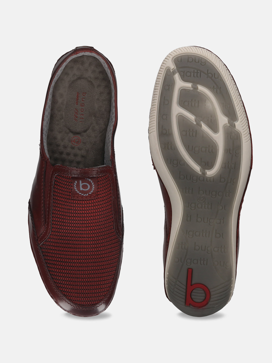A grey Men's bugatti Mules featuring a round toe plain toe, zero heels heel. Made from premium genuine leather with a durable sebs (block copolymer) outsole, this slip-on design offers both style and comfort.