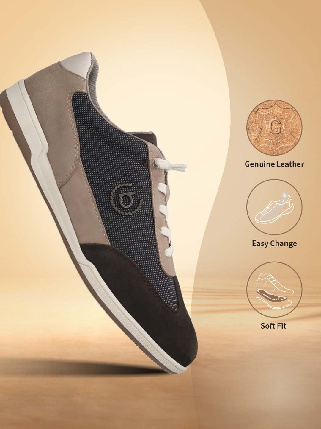 Brown leather comfort sneakers by bugatti with dark suede toe and light tan suede quarter panel.