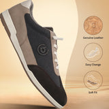 Brown leather comfort sneakers by bugatti with dark suede toe and light tan suede quarter panel.