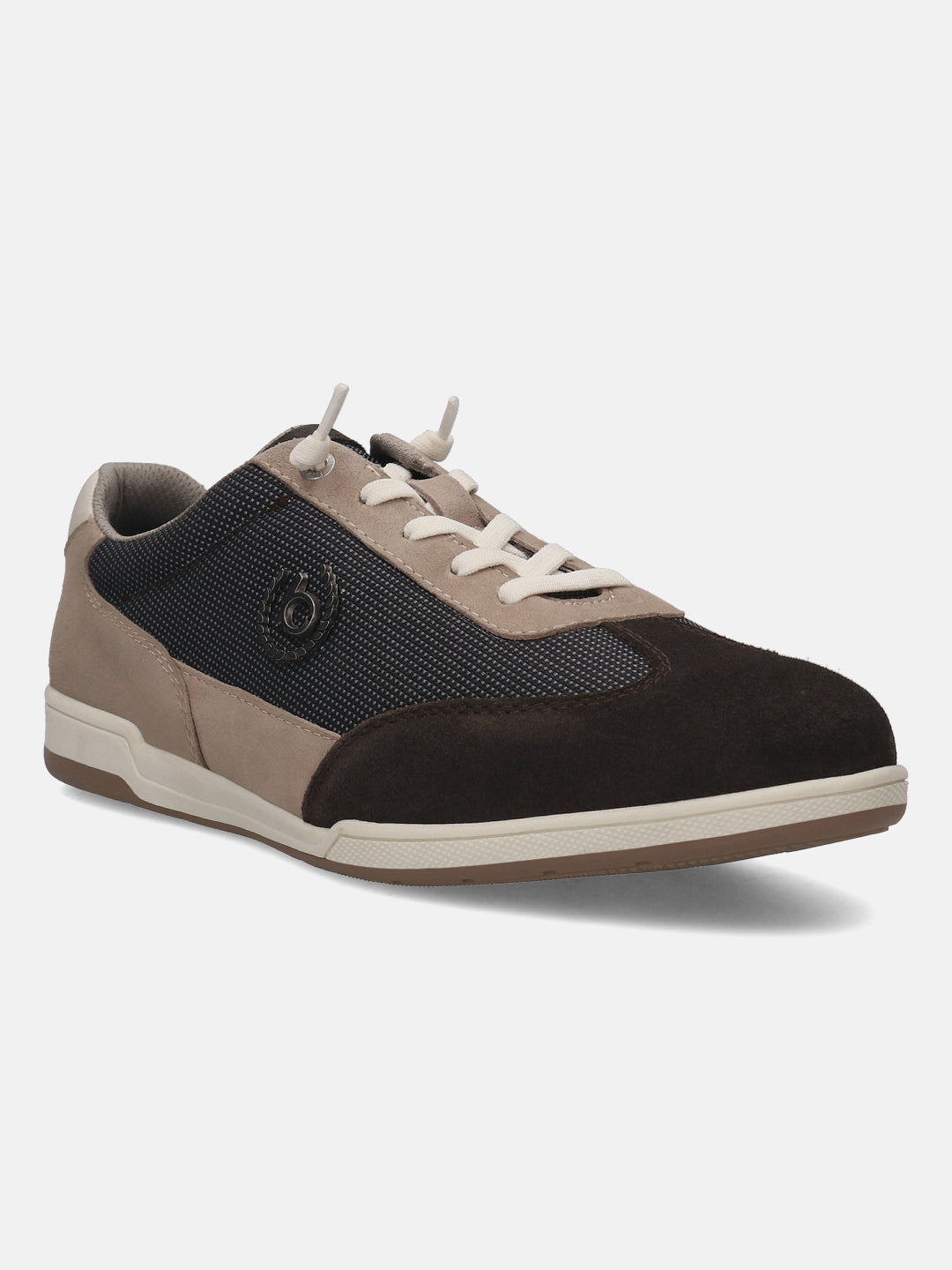 Brown leather comfort sneaker by bugatti, featuring suede accents, grid pattern, and a white midsole.