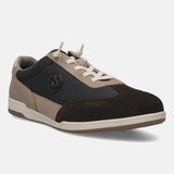 Brown leather comfort sneaker by bugatti, featuring suede accents, grid pattern, and a white midsole.
