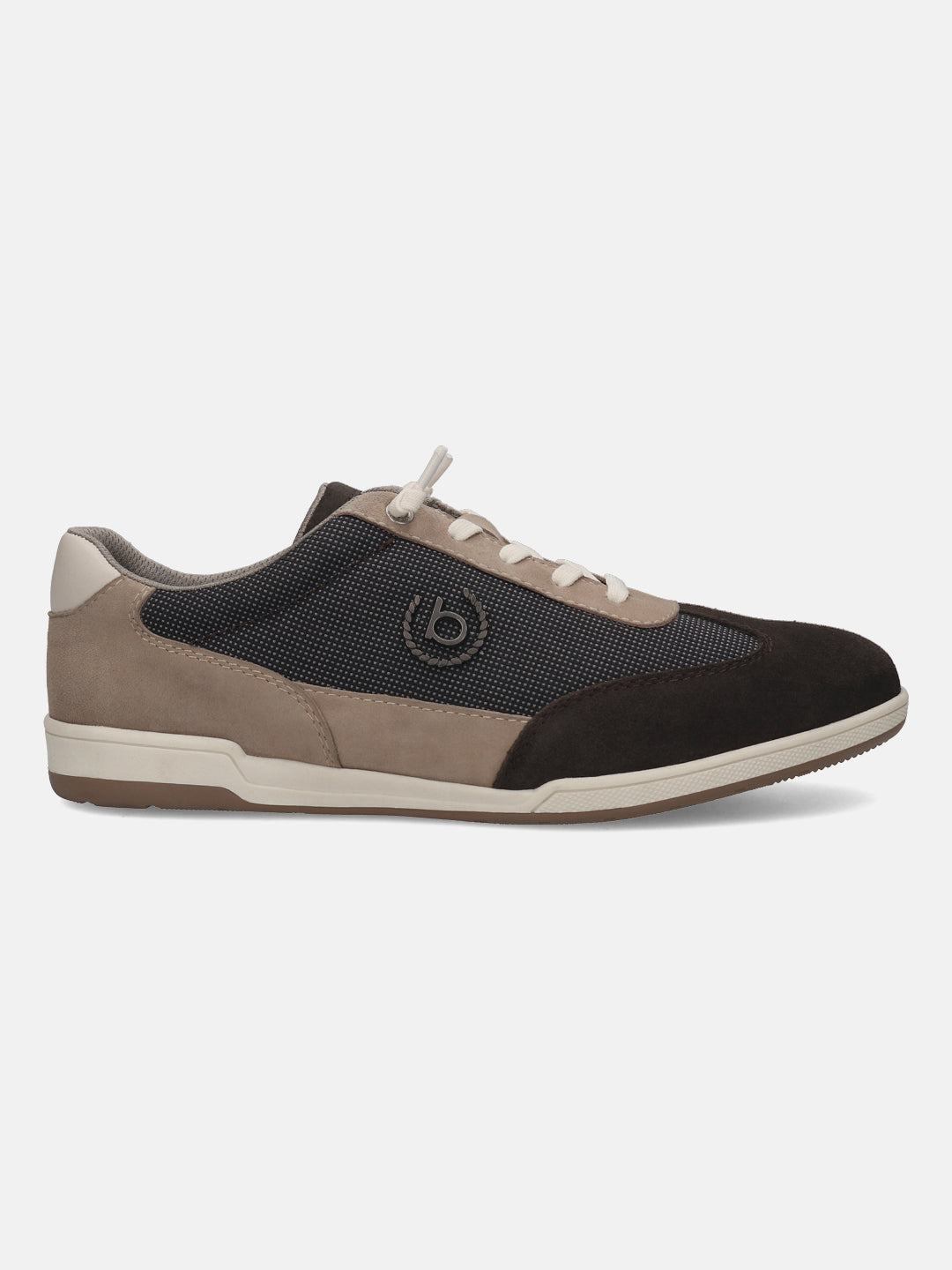 Brown leather comfort sneakers by bugatti with a suede toe cap and textile patterned side panel.
