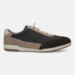 Brown leather comfort sneakers by bugatti with a suede toe cap and textile patterned side panel.