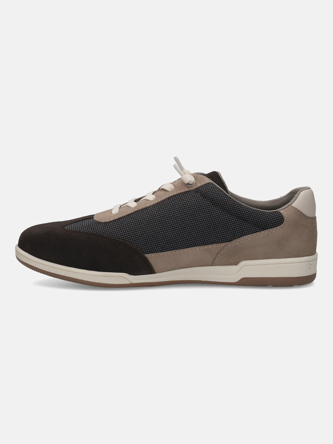 Brown leather comfort sneaker by bugatti with suede and textured textile panels.