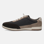 Brown leather comfort sneaker by bugatti with suede and textured textile panels.