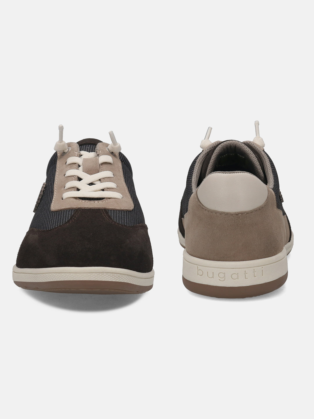 Brown suede sneakers by bugatti with a fabric upper and light-colored laces.