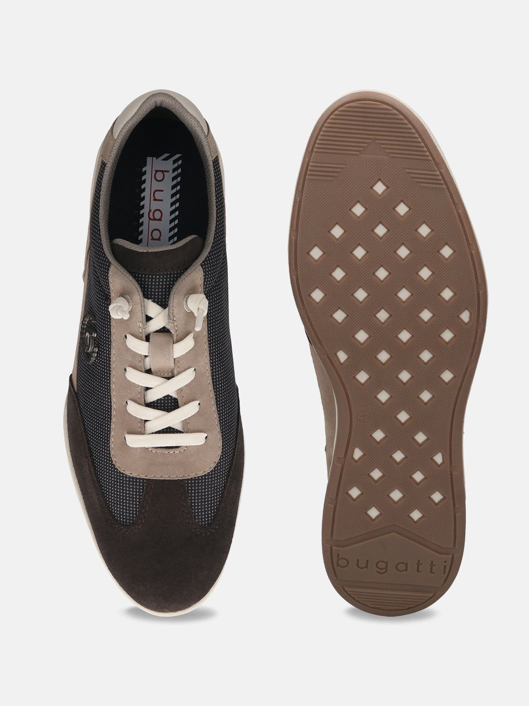 Brown leather comfort sneakers by bugatti, shown with mixed suede and textile panels, and textured rubber soles.