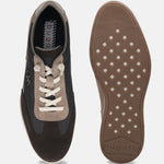 Brown leather comfort sneakers by bugatti, shown with mixed suede and textile panels, and textured rubber soles.